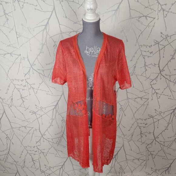 Red Coral Orange 100% Linen Floral Mesh Panel Open Cardigan - Picture 2 of 7